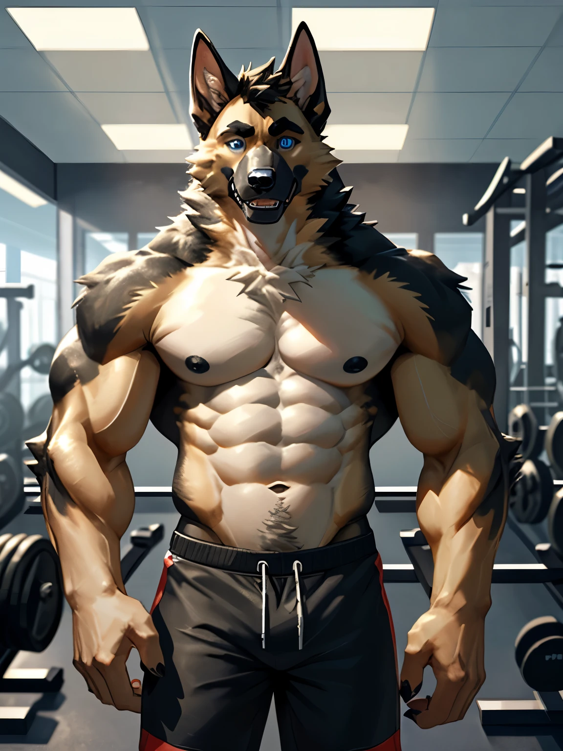 Masterpieces, high detailed, Male furry german shepherd dog, 21 years old, muscular, blue eyes, thick fur, shirtless, black shorts pants, gym, well drawn eyes, sharp eyes, sharp teeth, black nipples,