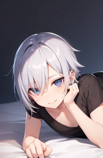 cheeky handsome boy silver hair piercings in both ears Short sleeve shorts illustration style Slender body naughty smile lying down