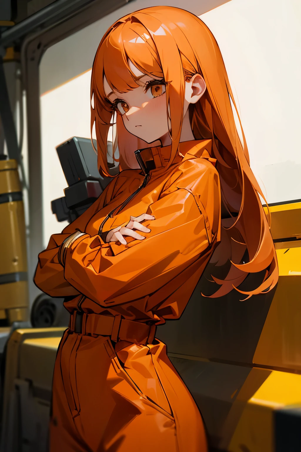 Girl, jumpsuit, orange clothes, saw in hand