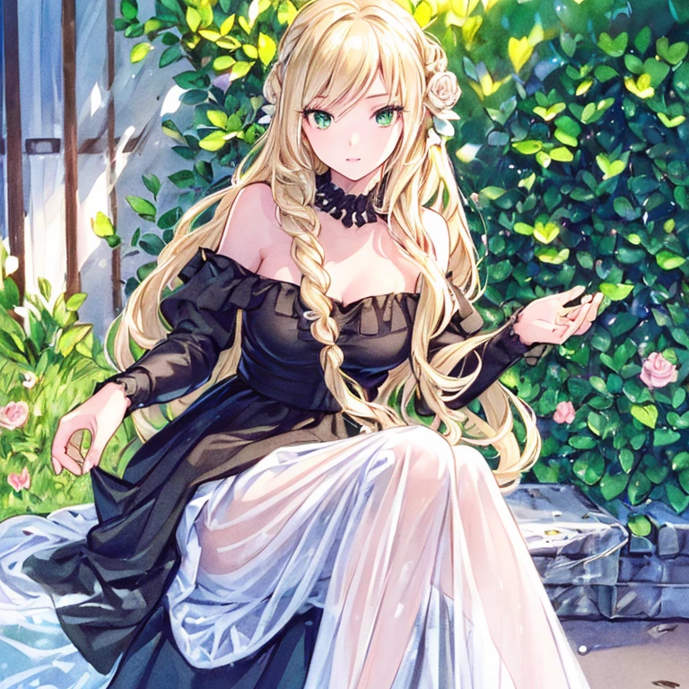(best quality,ultra-detailed,photorealistic:1.37)alone,adult girl,A girl in a black and white dress,Long flowing blondes hair tied up,green eye,Off-shoulder,long hair,long eyelashes,sparkling dress texture,detailed lips,flowers in the background,soft lighting,stunning makeup,graceful pose,vivid colors