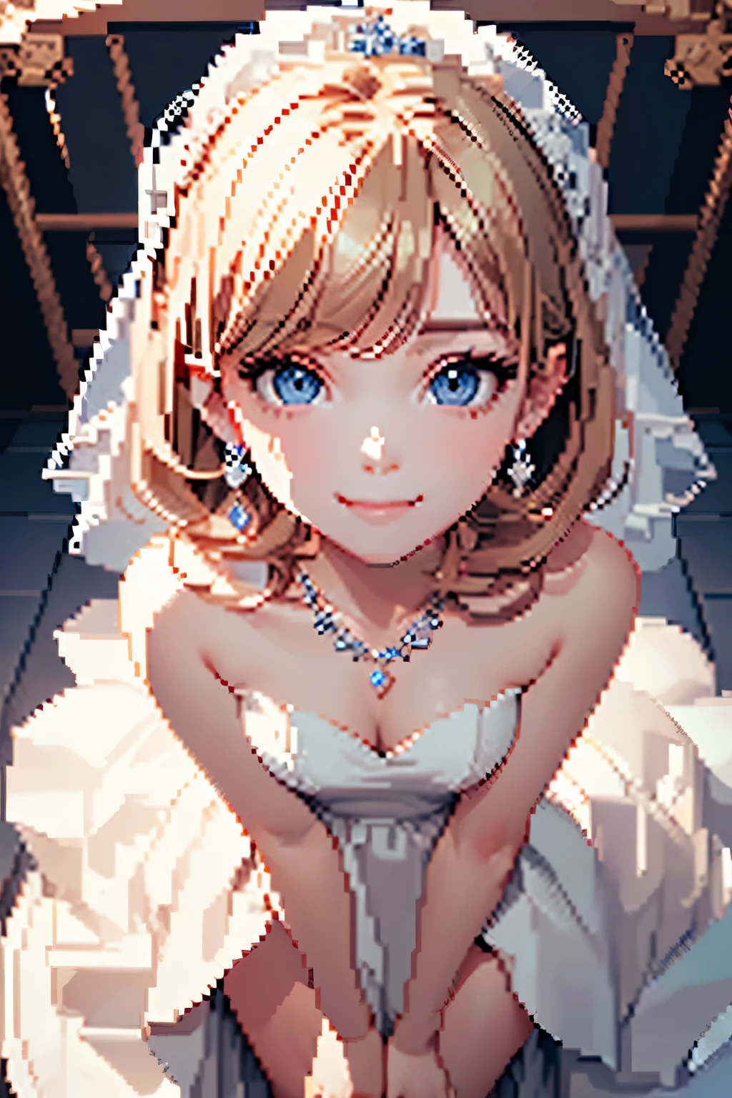((Biologically correct number of limbs))、4K、masterpiece、((focus on the face))、((Symmetrical facial features))、Eyes with detailed description、Beautiful woman、outstanding style、beautiful arms、beautiful legs、beautiful hands、(small ass、thin thighs)、Detailed depiction of faces、small earrings、necklace、(Wedding dress、high heels、stockings)、Lightning strike in the background、long hair、smile、big eyes、high angle、close up of face、((A photo that is out of the frame))、shine light on the face、(((Pixel art)))、