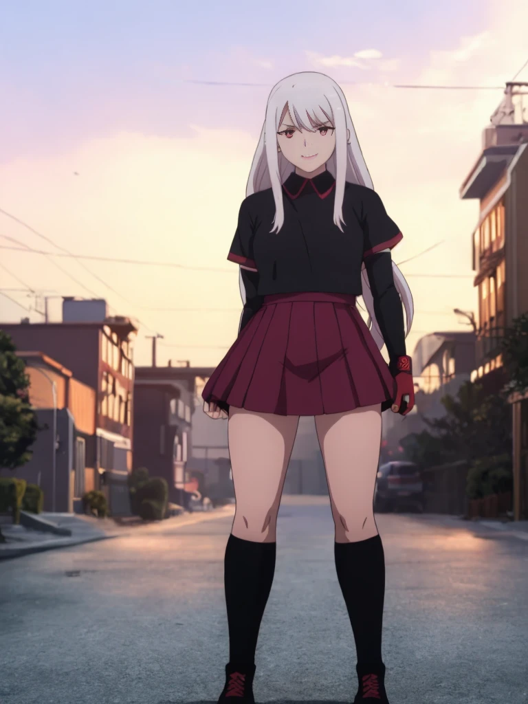 cartoon, sukeban illyasviel_von_einzbern, mature_female, silver hair, holding yoyo, combat pose, full body, flowing hair, hair between the eyes, asymmetrical hair, red eyes, delicate facial features, sukeban deka clothe, looking_at_viewer, outdoors, background tokyo, ((solo girl:1,5))+++++,woman in a 80's sukeban seifuku standing on a set of strees, black , 80's japanese sukeban photo, sukeban seifuku, 80's japan, sukeban, long black skirt, red converse, full body, light skin tone female, full body, tape, arm_support, gloves, red_gloves, bridal gauntlets, blackred_footwear, fighter outfit, full body, hourglass, mature face, cheeky smile, cheeky face, wrinkles,( silver long hair, earrings, ear piercings), (fighting art, Martial arts, standing, fighting_stance, fight, fighting), extra colors, 2D, megapixel, perfectionism, accent lighting, full HD , 4K, masterpiece, empty red eyes, extra colors, 2D, megapixel, perfectionism, accent lighting, full HD , (Masterpiece:1.2), (full-body-shot:1),(cowboy shot:1.2), (Highly detailed:1.2),(anime Detailed Face:1.2), Colorful, A detailed eye, (Detailed landscape:1.2), (natural lighting:1.2), ((sukeban school teacher)) by Vincent Di Fate: Aidyllery, Anamorphic Shot, rule of thirds, face by Artgerm and WLOP, ((street of rage 4 city backround)), fictive city backround in the style art of street of rage 4,