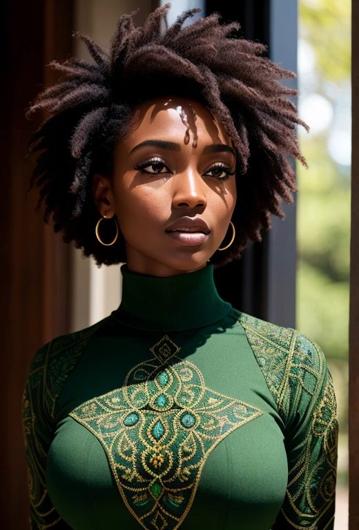In this mesmerizing cinematic shot, captured in HDR, you will witness a true masterpiece of photography. The image is a high-resolution, ultra-detailed composition, presented in both 8k and 4k formats, showcasing the intricate details of every element. The focus of the photograph is a half-body shot, emphasizing the highly detailed face of a dark-skinned black woman. Her stunning features are beautifully accentuated, allowing you to appreciate the exquisite details of her face and the intricate texture of her perfectly styled asymmetrical afro haircut.
Standing at a dynamic angle with a dynamic pose, the woman exudes confidence and charm. She is adorned in a dark green turtle neck sweater, meticulously designed with intricate patterns, complemented by an equally detailed