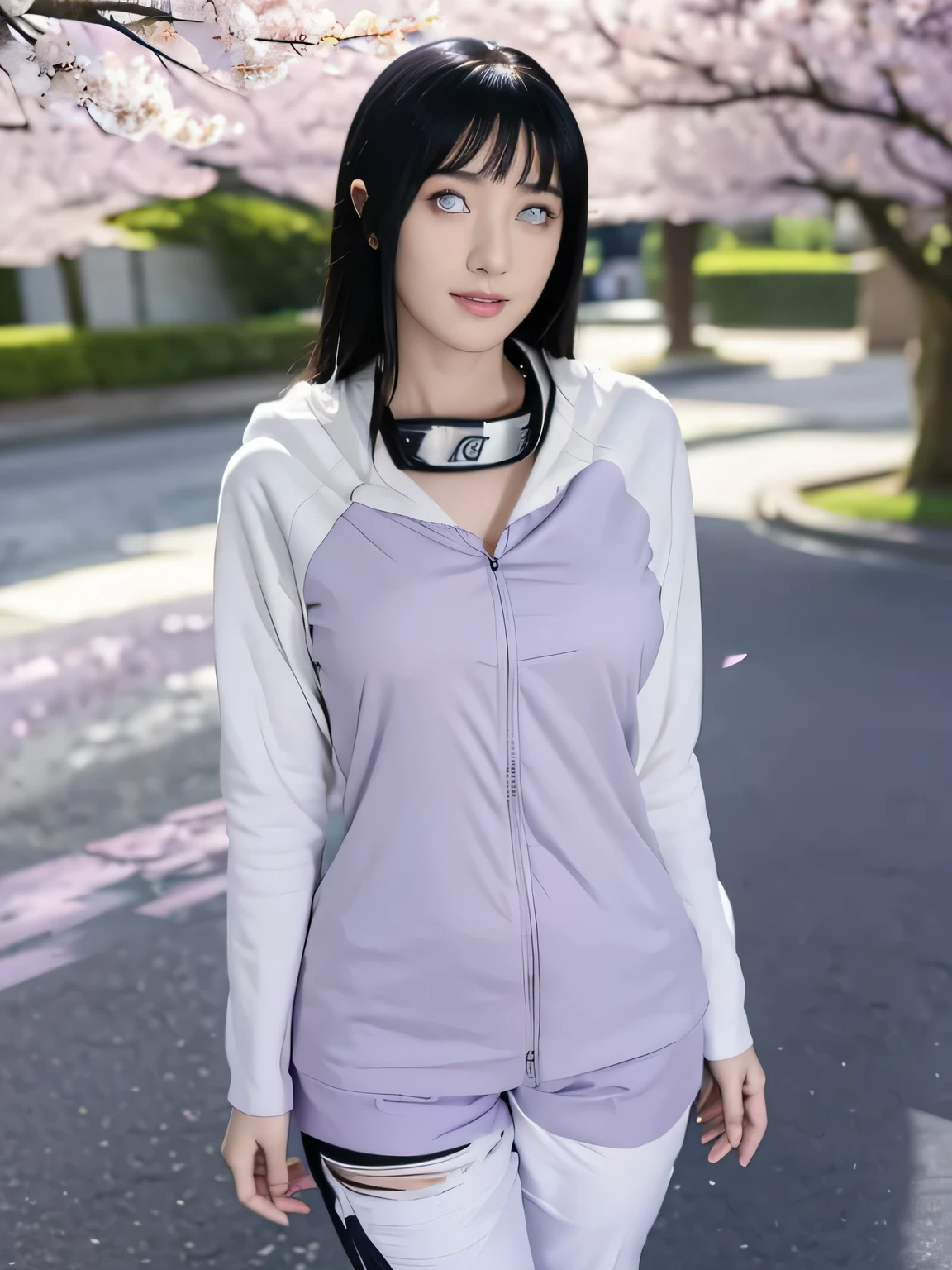 1girl, hyuga hinata in anime naruto, long straight hair, black hair, pony hair, (((white eyes:1.4))), white pupils, smile, beautiful, (purple white hoodie), short purple pant, (short pant), very big breast, ((neckband)), konohagakure symbol on neckband, realistic clothes, detail clothes, (outdoor background), dynamic background, ultra detail, realistic, outdoor, cherry blossoms, sky, (ultra detailed), (8k, intricate), (85mm), light particles, lighting, full body, (highly detailed:1.2), (gradients), sfw, colorful, (detailed background), (rule of third_composition:1.3), (Line of action:1.2), daylight, solo