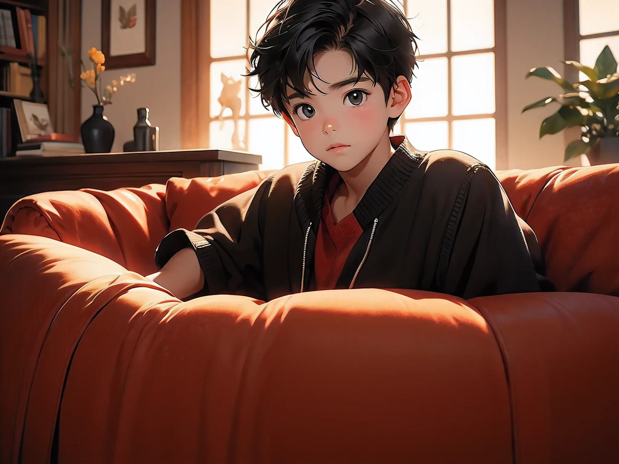 1 boy,living room,Handsome face