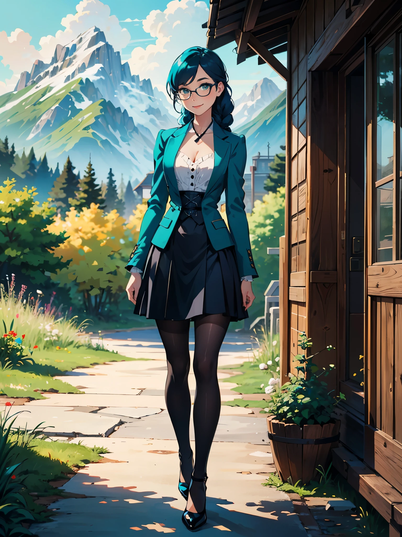 Masterpiece, best quality, 1_woman, full body, (Caucasian skin_complexion), mature, looking away from viewer, smiling, teal hair, long double hair braids, bright teal hair, diamond shaped eyes, glasses, large_bust, chest window, cleavage, dark blue (Victorian blazer), white halter top blouse, double button breast, long dark blue (****ta skirt), silver trim, black tights, black heels, small waist, perfect hands, standing outside rustic tavern, forest, mountains in the distance, sunny day,