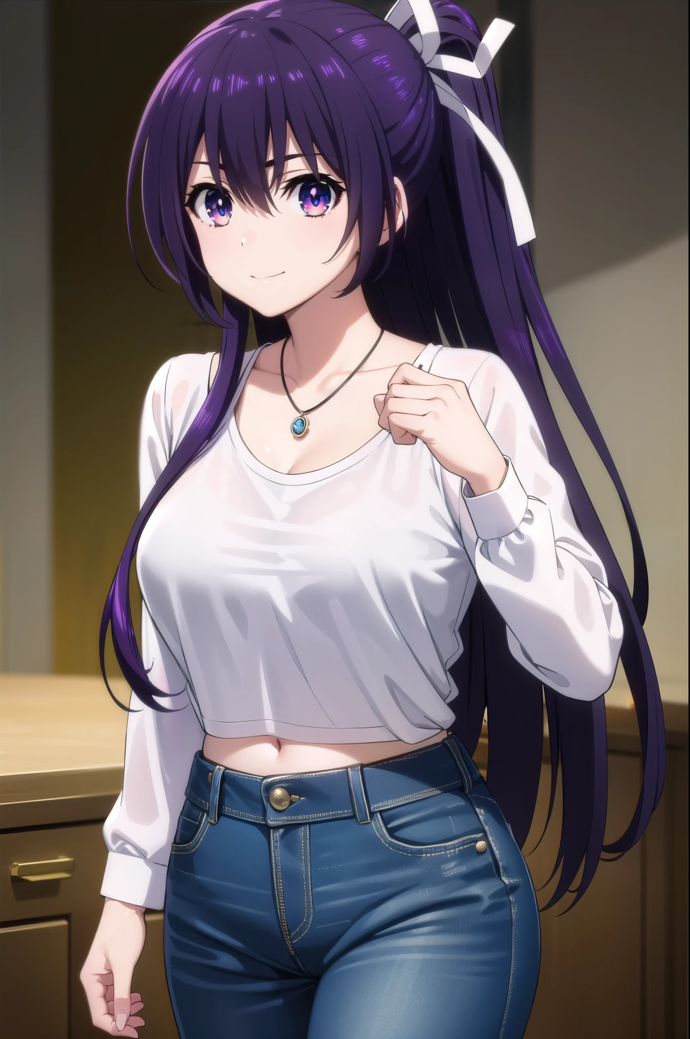 tohkayatogami, tohka yatogami casual, long hair, purple hair, alluringly smile, tight crop tops, white top, thin fabric ,see through shirt, mid rifts, long sleeves , necklace, U neck, ribbon , (purple eyes:1.1), hair ribbon, ponytail, purple hair, white ribbon,g cup breasts, plump butt, torn jeans, hand on hair, living room,
BREAK ,
BREAK outdoors, city, people, crowd, sky, clouds, sun, blue sky,
BREAK looking at viewer, (cowboy shot:1.5),
BREAK (masterpiece:1.2), best quality, high resolution, unity 8k wallpaper, (illustration:0.8), (beautiful detailed eyes:1.6), extremely detailed face, perfect lighting, extremely detailed CG, (perfect hands, perfect anatomy),