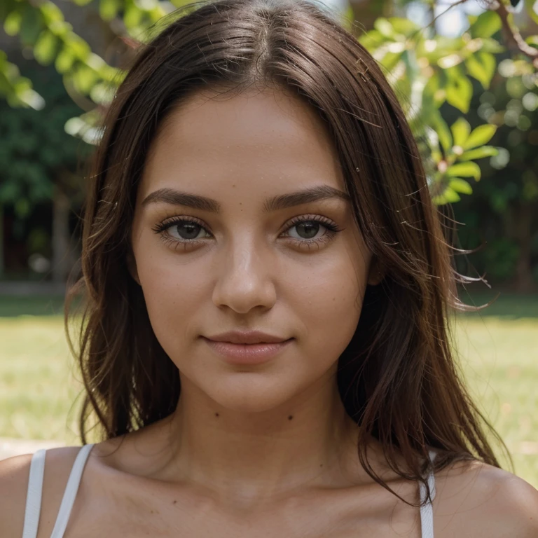 20 year old, usa woman, nude all, cexion robusta, piel morena oscuro, hair straightened, natural light of a cloudy morning, sonrisa timida, poses in a park with trees and a beautiful lake in the background, torso desnudo