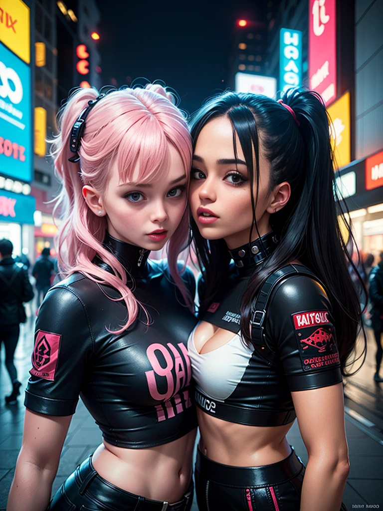 masterpiece, best quality, 2 ((kissing)) cyberpunk girls standing together taking selfie portrait, Harajuku-inspired cyberpunk clothing, bold colors and patterns, eye-catching accessories, trendy and innovative hairstyle, dazzling Cyberpunk cityscape, skyscrapers, glowing neon signs, LED lights, anime illustration, detailed skin texture, detailed cloth texture, beautiful detailed face, intricate details, ultra detailed, cinematic lighting, strong contrast.