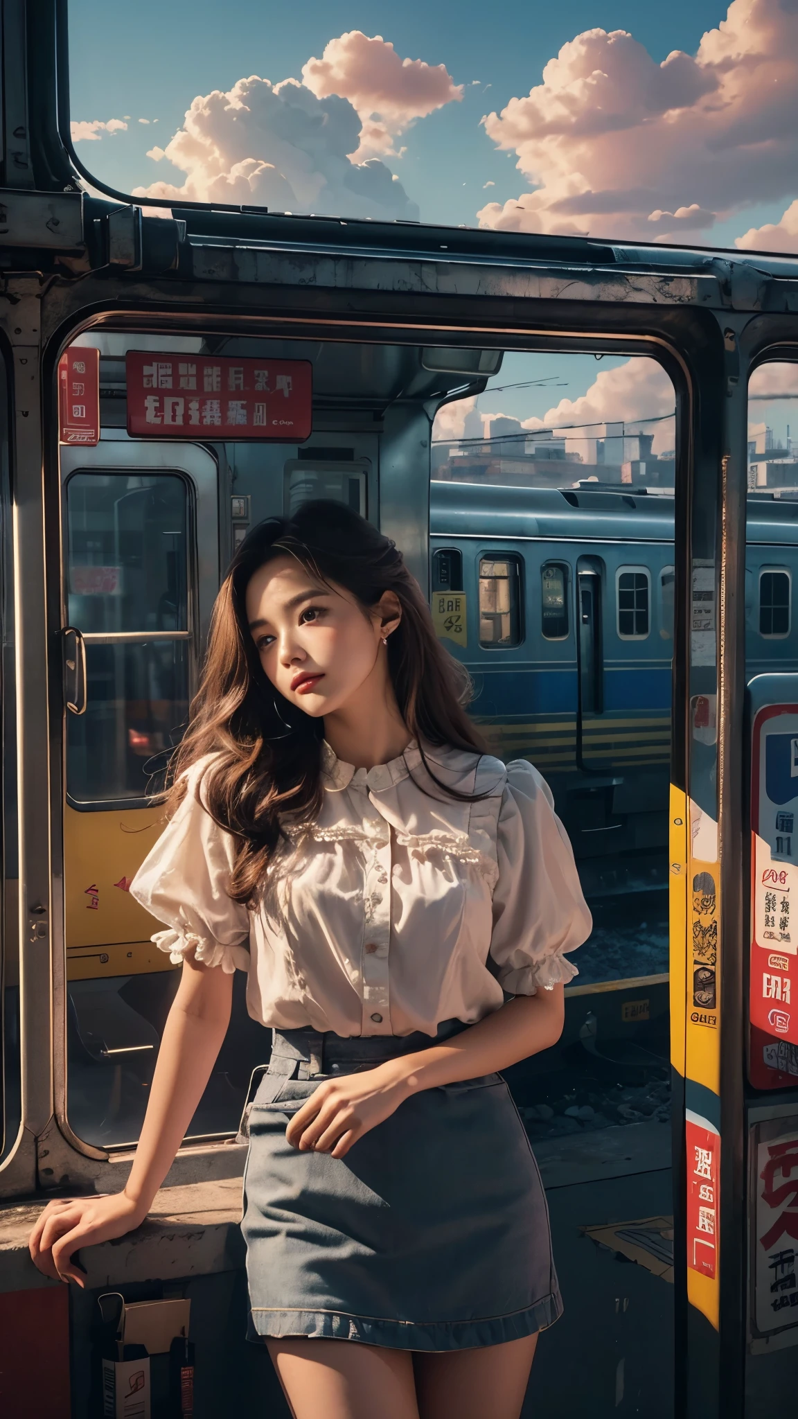 magenta tint、vibrant with colors、((tmasterpiece)))、(((quality)))、((ultra - detailed))、(Surreal)、(Very detailed CG illustration)、offcial art、CD cover、It will be、midsummer、The glorious 1980s、1 Sister,ssmile、cochetti gorgeous、incomparable beauty、long whitr hair,short blouse,Superskirt、perfect angle、Perfectcomposition、corner store,(evening,trains station,trains,Cloud),