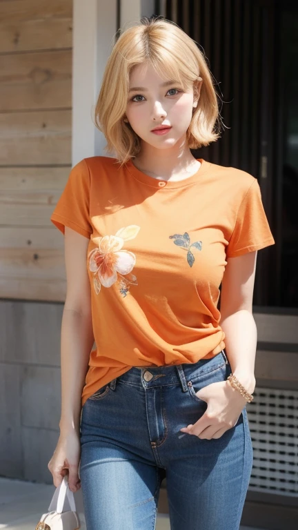 orange thin flower pattern T-shirt , long Jeans pants , big breast , blonde hair , short hair
