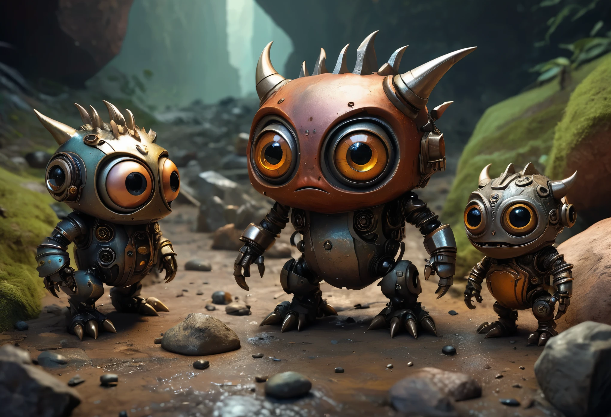 In the dilapidated world of a digital illustration, small, menacing creatures come to life with different emotions. Fashioned from rocks, iron, car scraps, and assorted technological debris, these monstrous figures exude a grotesque cute. Despite their diminutive size, their intricate details and menacing presence are captured with stunning realism. The image, possibly a concept art painting, beautifully captures the rugged textures and metallic sheen of the creatures, creating a visually striking and immersive portrayal of these small bad cute monsters.