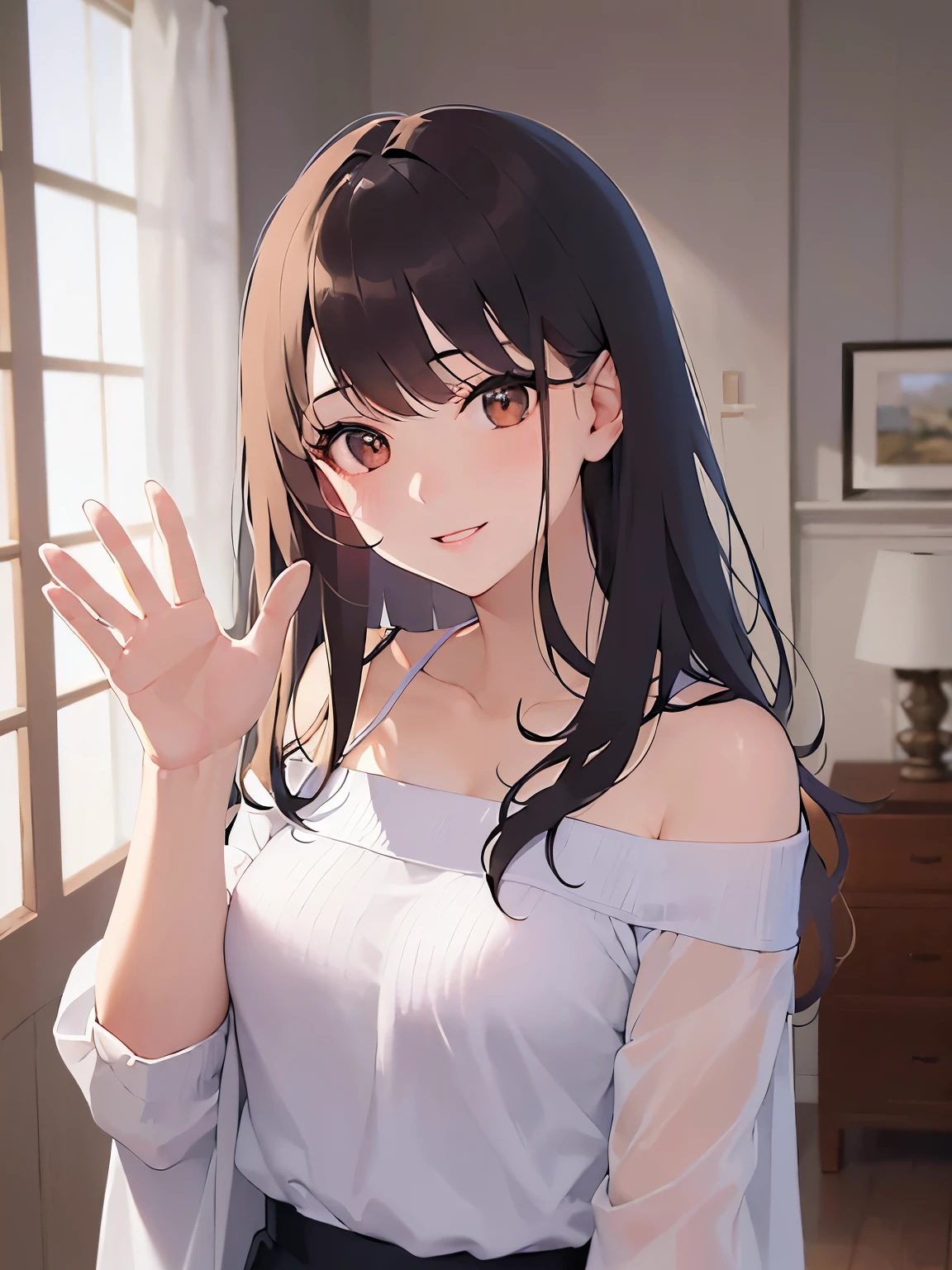 (waving hand:1.2), Biologically correct five fingers、head tilt、Upper Body, Realistic, real person, (pale skin: 1.2), RAW photo, photorealistic, portrait photography, shiny skin, japanese idol、shiny hair、(25 year old woman with medium hair with bangs) and (wavy hair) and (brown hair) and (orange eyes) , (White off-shoulder blouse) 、smile, The background is the living room、Alone、Are standing