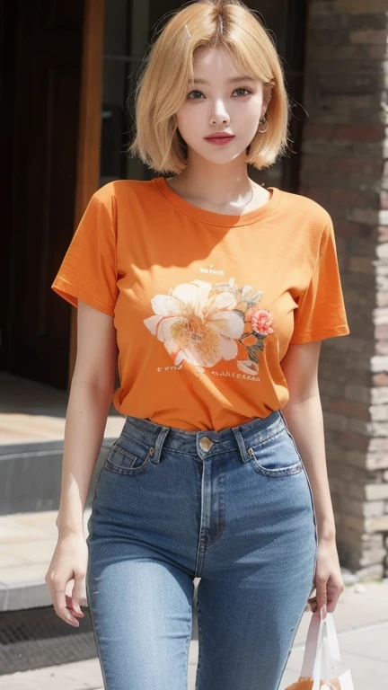 orange thin flower pattern T-shirt , long Jeans pants , big breast , blonde hair , short hair