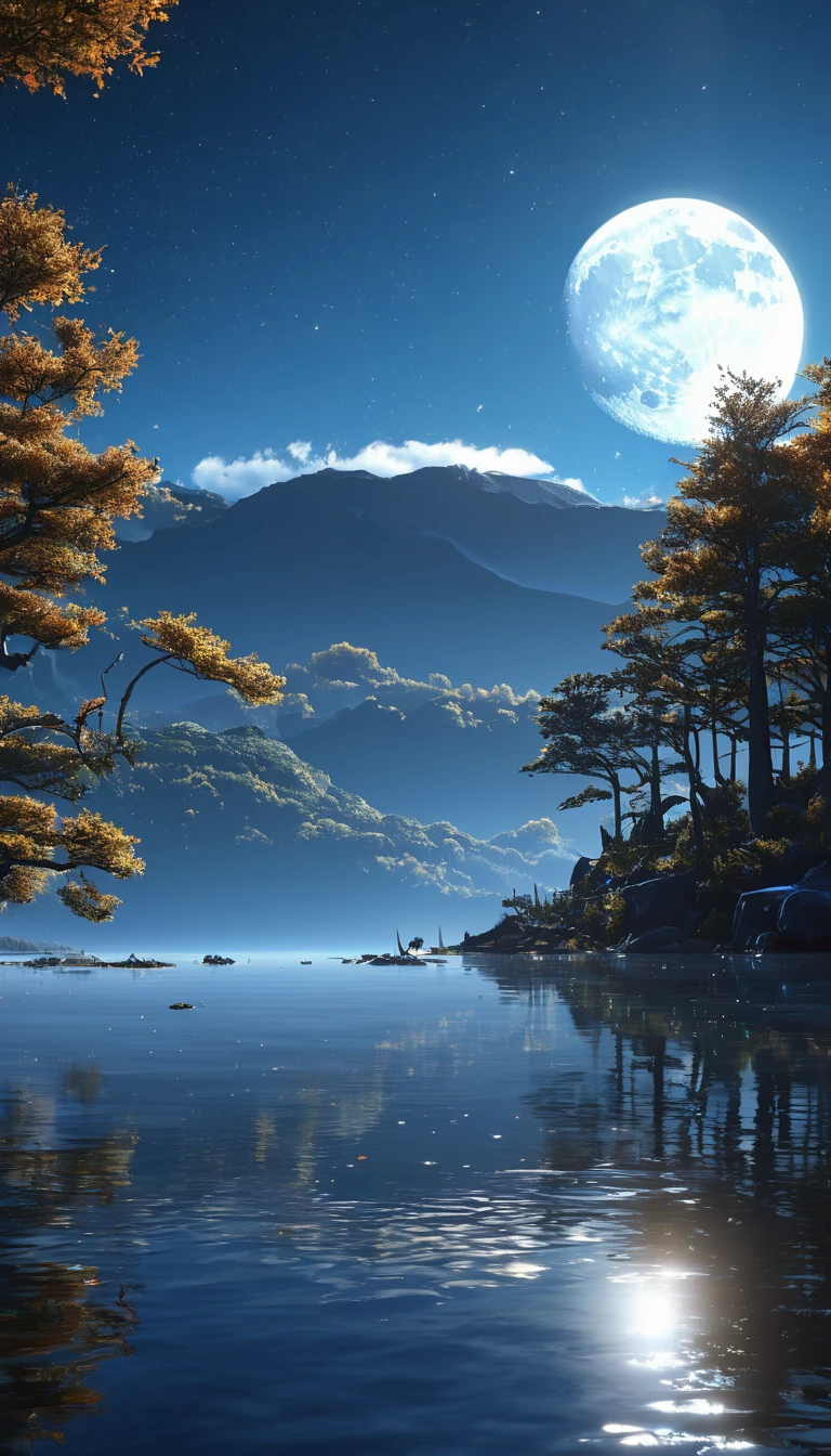 Lake Yamawa,There is a moon in the sky, 4k highly detailed digital art, 4k HD wallpapers are very detailed, Impressive fantasy scenery, Sci-fi fantasy desktop wallpaper, Unreal engine 4k wallpaper, 4k detailed digital art, Sci-Fi Fantasy Wallpaper, Epic fantasy landscape, 4k high definition matte digital, 8K Stunning Artwork