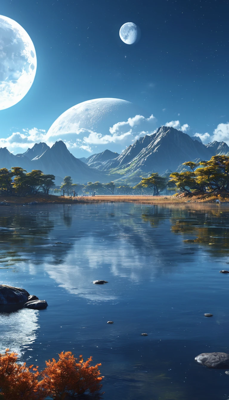 Lake Yamawa,There is a moon in the sky, 4k highly detailed digital art, 4k HD wallpapers are very detailed, Impressive fantasy scenery, Sci-fi fantasy desktop wallpaper, Unreal engine 4k wallpaper, 4k detailed digital art, Sci-Fi Fantasy Wallpaper, Epic fantasy landscape, 4k high definition matte digital, 8K Stunning Artwork