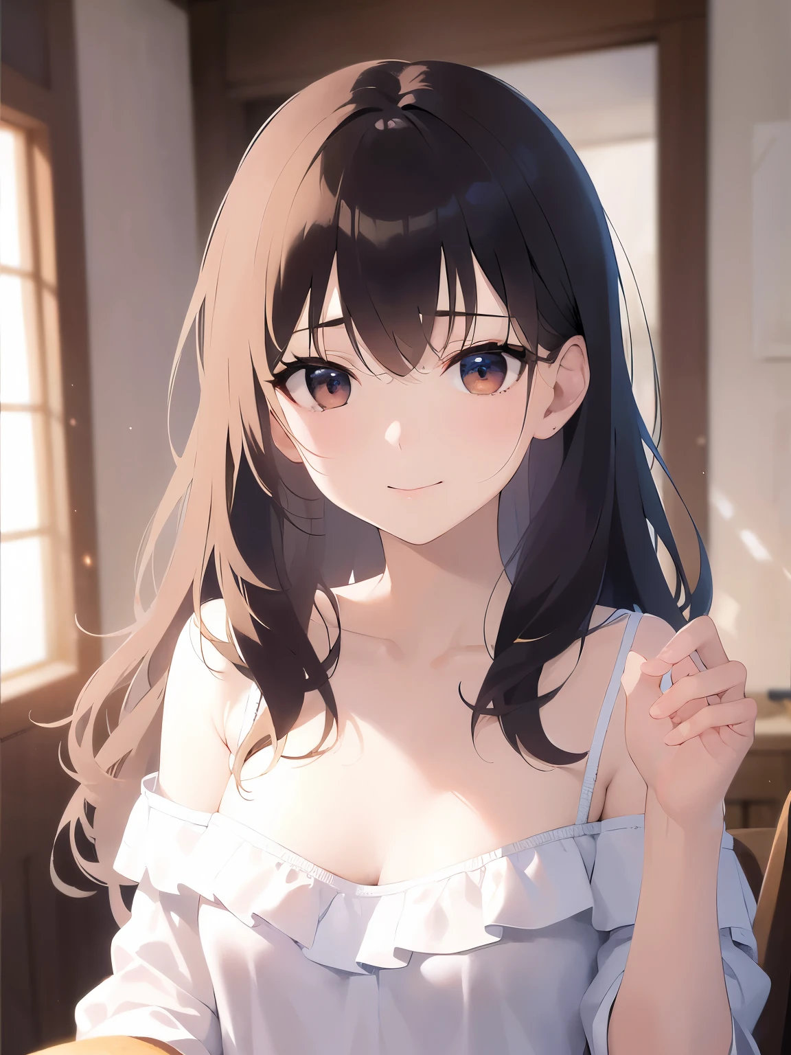 (waving hand:1.2), Biologically correct five fingers、head tilt、Upper Body, Realistic, real person, (pale skin: 1.2), RAW photo, photorealistic, portrait photography, shiny skin, japanese idol、shiny hair、(25 year old woman with medium hair with bangs) and (wavy hair) and (brown hair) and (orange eyes) , (White off-shoulder blouse) 、smile, The background is the living room、Alone、Are standing