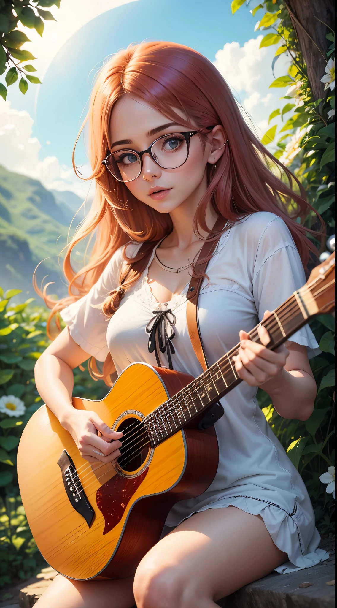 Uma garota linda, cartoon, branca, cabelos castanhos, cabelos cacheados, oculos redondos, olhos fechados, feliz, camisa vermelha, costas, playing a guitar, acoustic guitar, em um campo aberto, muitas flores, flores vermelhas, por do sol, paisagem, aquarela, detalhado