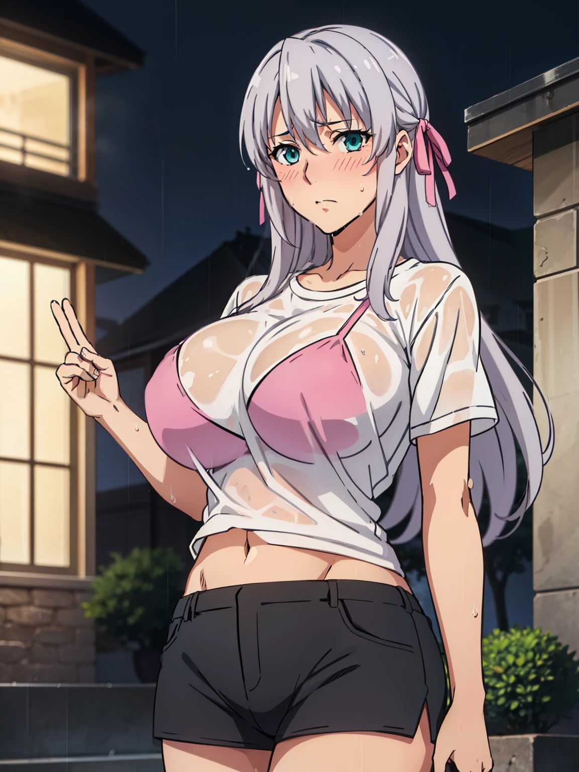 raining, standing, grabbing her breasts pose, wet clothes, see through breasts, pink bikini, (white t-shirt), (black short pants), in front on luxury house night background, rossweisse, (1 girl), anime cels style, best quality, high resolution, 1girl, (huge breasts:1.2), beautiful face, grey hair, aqua eyes, long hair, rossweisse hair, hair ribbon, cowboy shot, blush, embarassed, looking at viewer