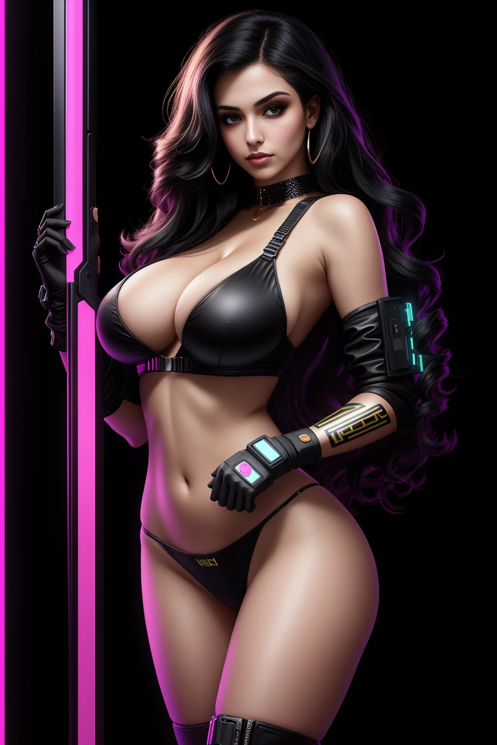 there  a Persian woman standing, long curly hair, 3 d neon art of a womans body, neon-noir background, cyberpunk femme fatale, seductive cyberpunk dark fantasy, cyberpunk strip clubs, cyberpunk 20 y. o model girl, oppai cyberpunk, banner, high definition cgsociety, cgsociety masterpiece, trending on cgstation, kda, random hair, looking at camera, gigantic breasts, cleavage, (high detailed skin:1.2), 8k uhd, dslr, super lighting, high quality, film grain, high res, highly detailed, hyper realistic, beautiful face, beautiful body, beautiful eyes nose lips, alluring expression, very bold, upper  visible, full body photo, standing legs apart, pale translucent glowing skin, most beautiful face, cute, (well defined pubic hair:1.2)), (dark plain black background:1.4))
