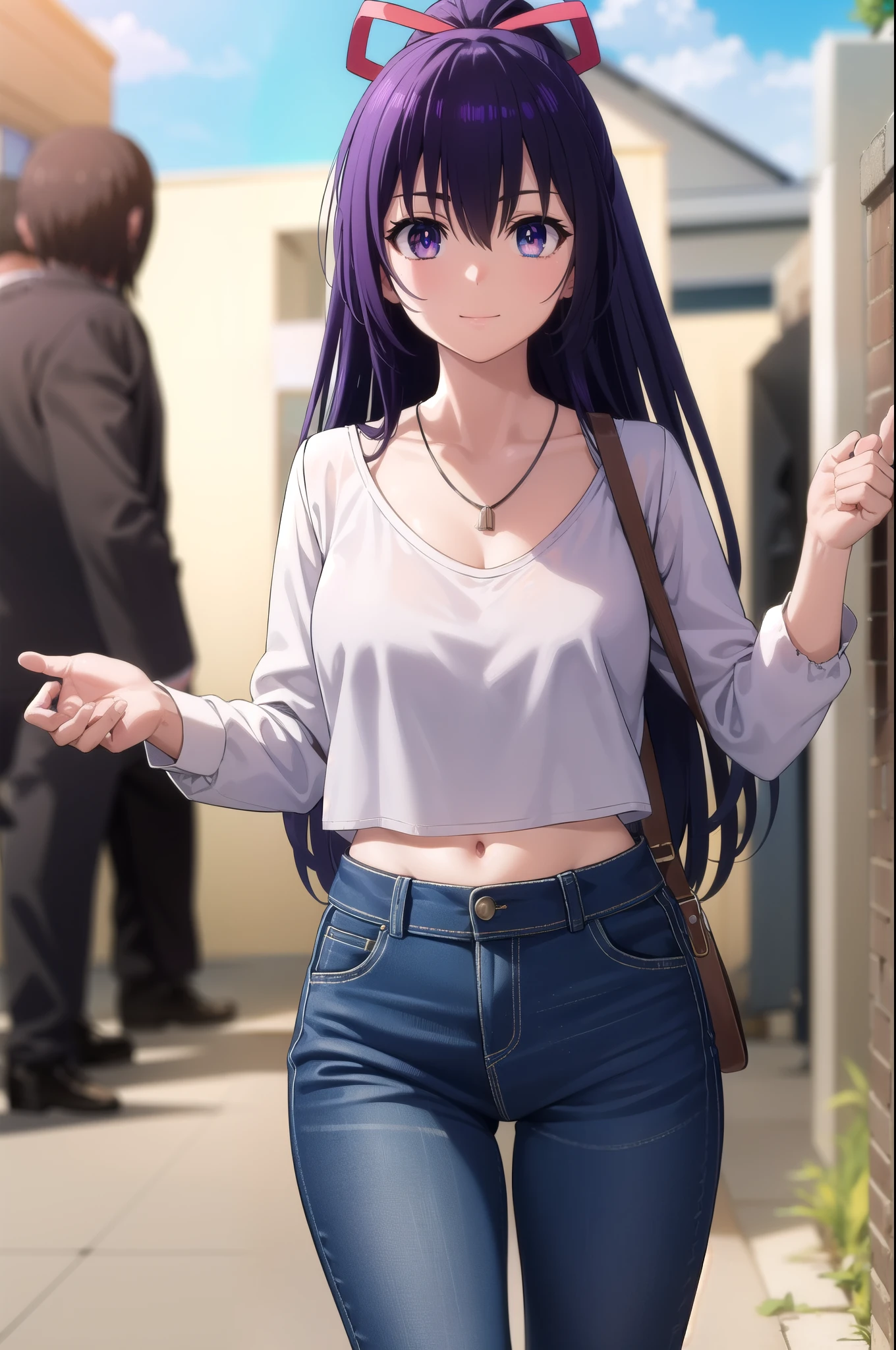 tohkayatogami, tohka yatogami casual, long hair, purple hair, alluringly smile, tight crop tops, white top, thin fabric ,see through shirt, mid rifts, long sleeves , necklace, U neck, ribbon , (purple eyes:1.1), hair ribbon, ponytail, purple hair, white ribbon,g cup breasts, plump butt, torn jeans, hand on hair, living room,
BREAK ,
BREAK outdoors, city, people, crowd, sky, clouds, sun, blue sky,
BREAK looking at viewer, (cowboy shot:1.5),
BREAK (masterpiece:1.2), best quality, high resolution, unity 8k wallpaper, (illustration:0.8), (beautiful detailed eyes:1.6), extremely detailed face, perfect lighting, extremely detailed CG, (perfect hands, perfect anatomy),