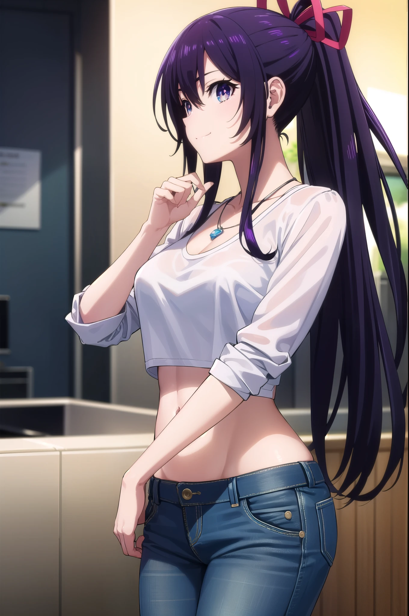 tohkayatogami, tohka yatogami casual, long hair, purple hair, alluringly smile, tight crop tops, white top, thin fabric ,see through shirt, mid rifts, long sleeves , necklace, U neck, ribbon , (purple eyes:1.1), hair ribbon, ponytail, purple hair, white ribbon,g cup breasts, plump butt, torn jeans, hand on hair, living room,
BREAK ,
BREAK outdoors, city, people, crowd, sky, clouds, sun, blue sky,
BREAK looking at viewer, (cowboy shot:1.5),
BREAK (masterpiece:1.2), best quality, high resolution, unity 8k wallpaper, (illustration:0.8), (beautiful detailed eyes:1.6), extremely detailed face, perfect lighting, extremely detailed CG, (perfect hands, perfect anatomy),