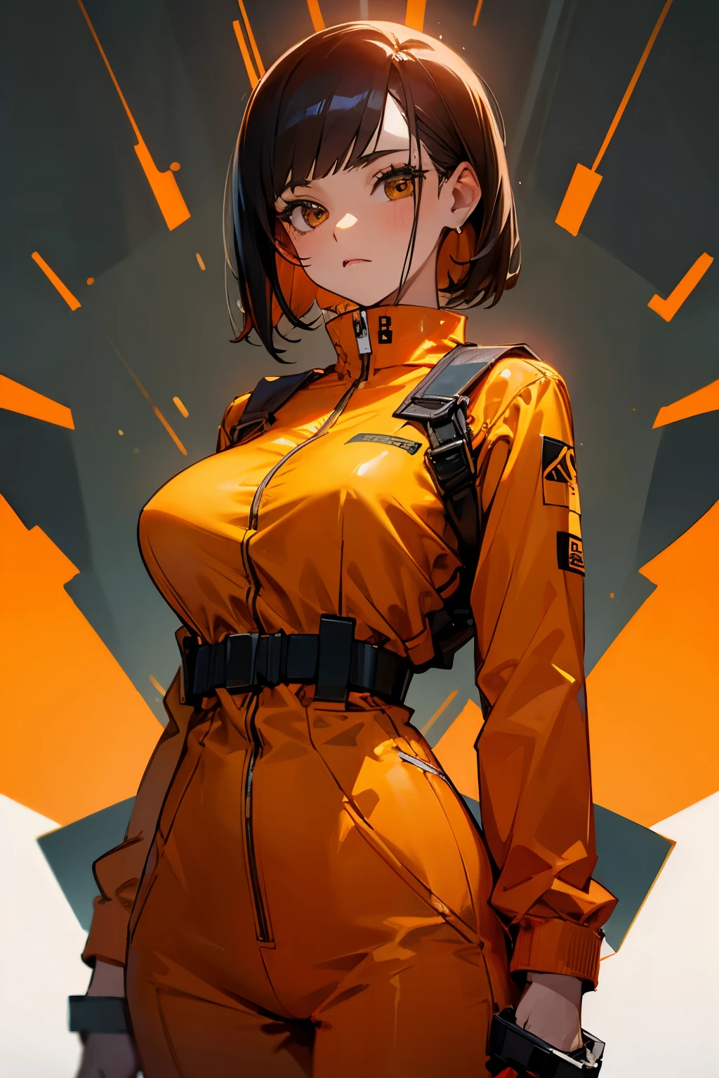 Girl, jumpsuit, orange clothes, saw, saw between her breasts, big breasts