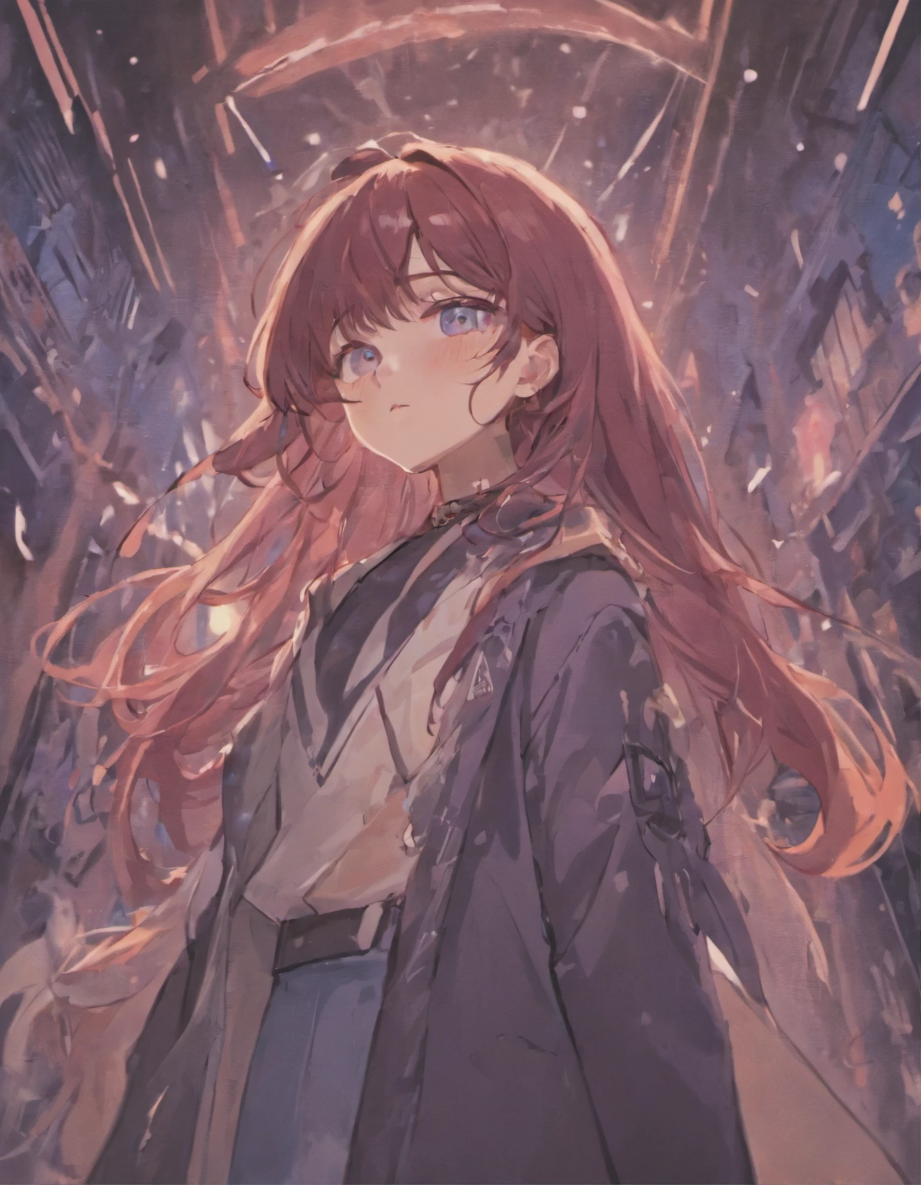 Long Dark red hair, white eyeshadow, blue eyes, five foot six inches, street style clothes, round glasses, music note tattoo, black eyes