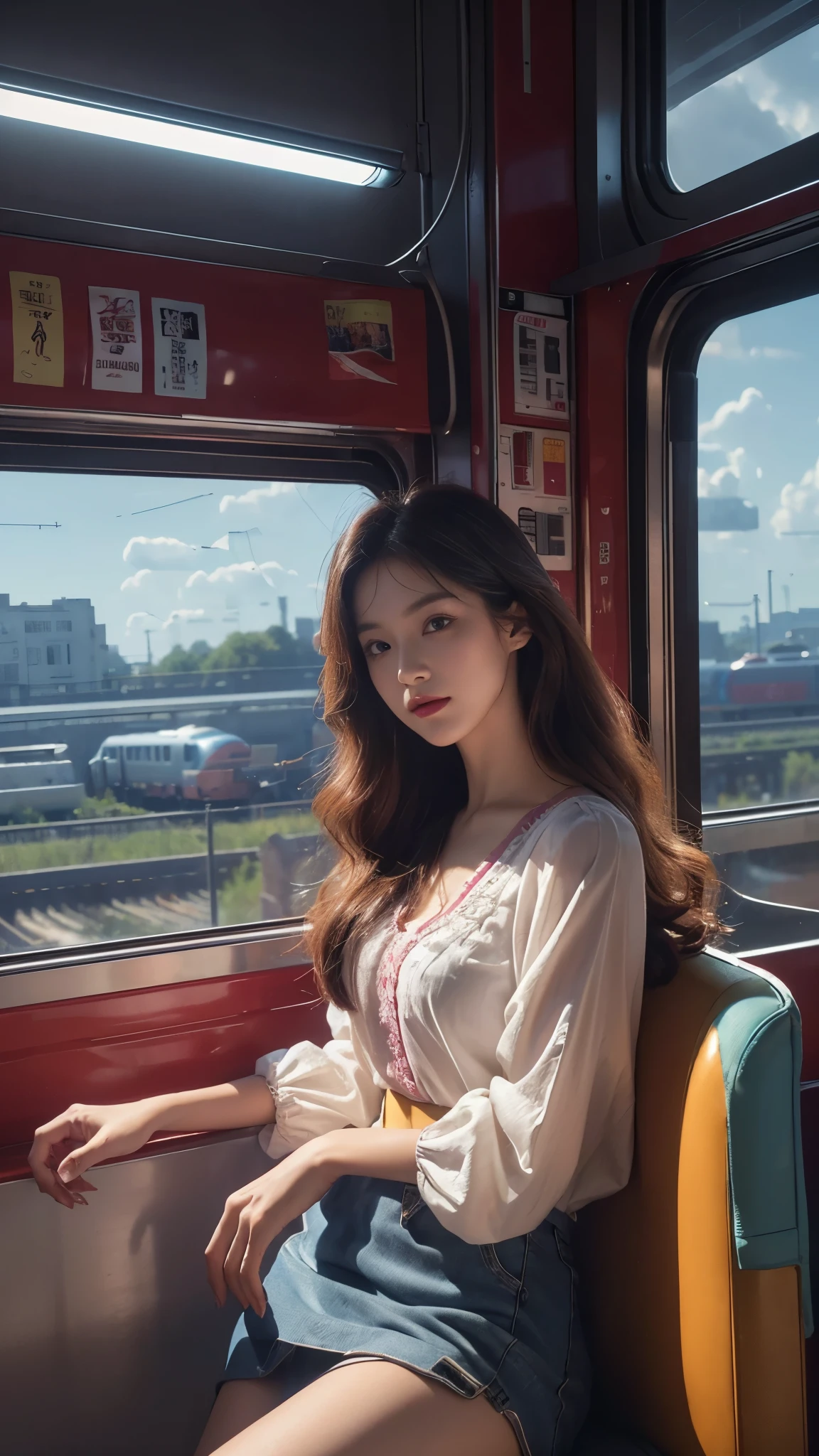 magenta tint、vibrant with colors、((tmasterpiece)))、(((quality)))、((ultra - detailed))、(Surreal)、(Very detailed CG illustration）、offcial art、CD cover、It will be、midsummer、The glorious 1980s、1 Sister，ssmile、cochetti gorgeous、incomparable beauty、long whitr hair，short blouse，Superskirt、perfect angle、Perfectcomposition、corner store，(evening，trains station，trains，Cloud)，