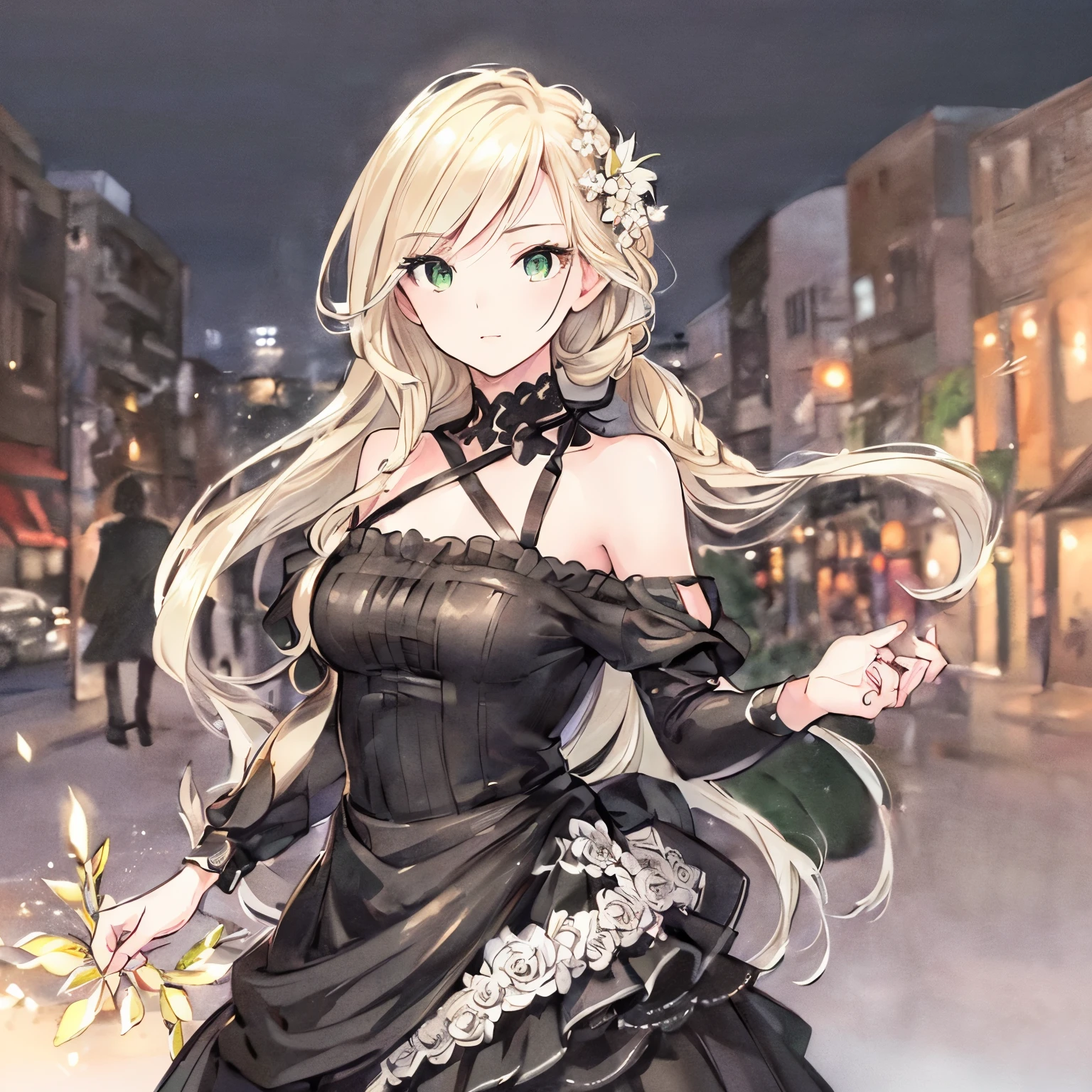 (best quality,ultra-detailed,photorealistic:1.37)alone,adult girl,A girl in a black and white dress,Long flowing blondes hair tied up,green eye,Off-shoulder,long hair,long eyelashes,sparkling dress texture,detailed lips,flowers in the background,soft lighting,stunning makeup,graceful pose,vivid colors