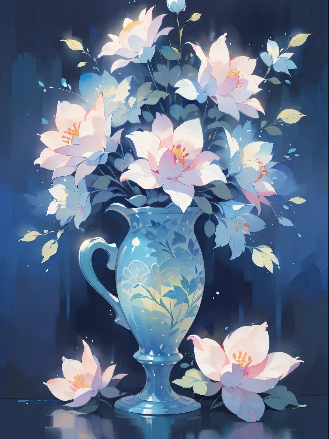 (best quality,highres,masterpiece:1.2),watercolor texture,blue artwork,vibrant colors,lots of flowers, intricate patterns,highly detailed,floral arrangement,creative design,artistic style,watercolor painting technique,shades of blue,ethereal lighting