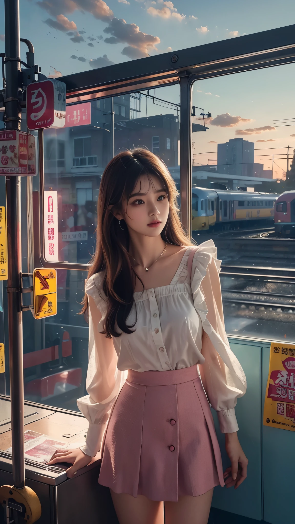magenta tint、vibrant with colors、((tmasterpiece)))、(((quality)))、((ultra - detailed))、(Surreal)、(Very detailed CG illustration)、offcial art、CD cover、It will be、midsummer、The glorious 1980s、1 Sister,ssmile、cochetti gorgeous、incomparable beauty、long whitr hair,short blouse,Superskirt、perfect angle、Perfectcomposition、corner store,(evening,trains station,trains,Cloud),