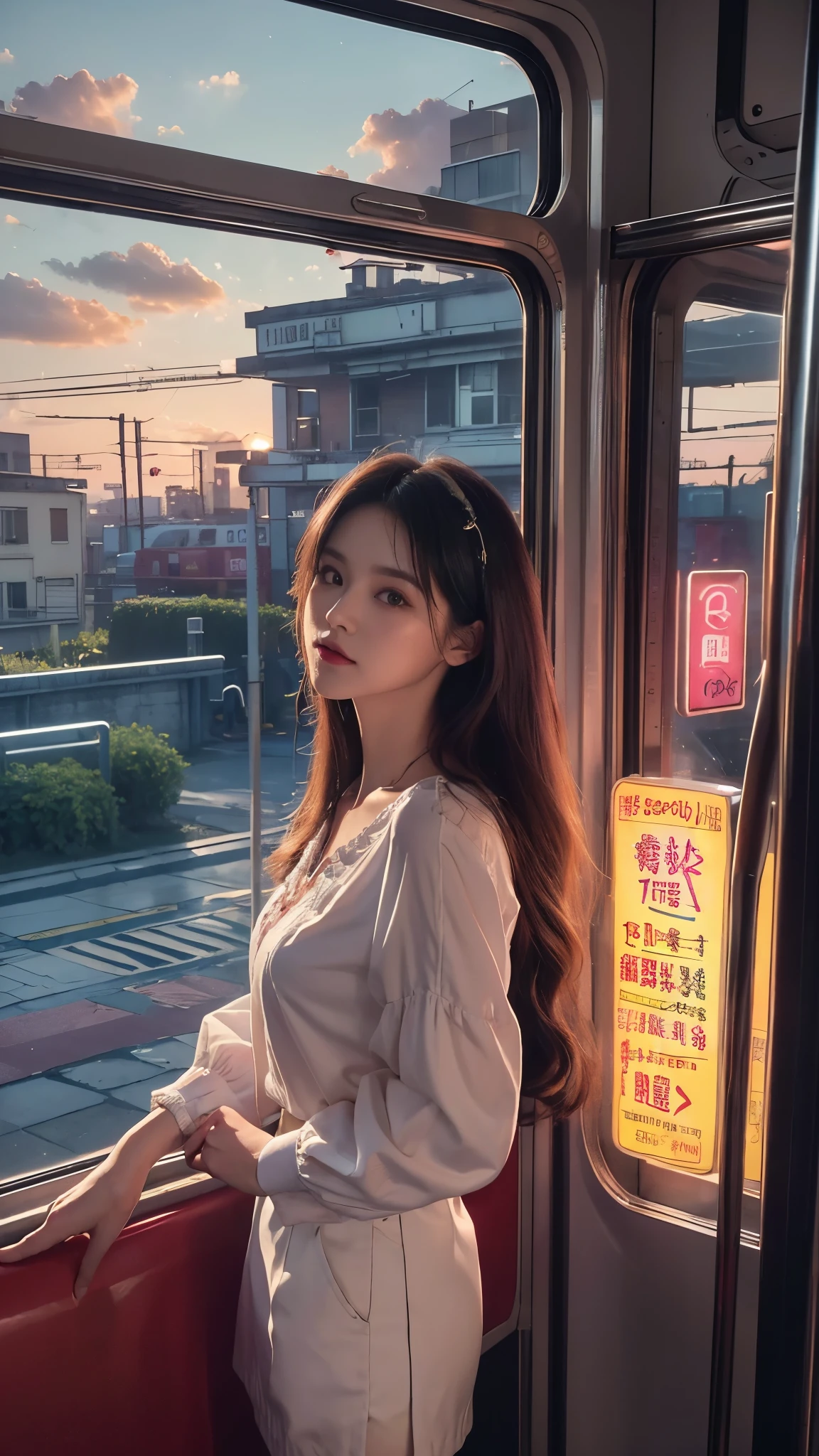 magenta tint、vibrant with colors、((tmasterpiece)))、(((quality)))、((ultra - detailed))、(Surreal)、(Very detailed CG illustration)、offcial art、CD cover、It will be、midsummer、The glorious 1980s、1 Sister,ssmile、cochetti gorgeous、incomparable beauty、long whitr hair,short blouse,Superskirt、perfect angle、Perfectcomposition、corner store,(evening,trains station,trains,Cloud),