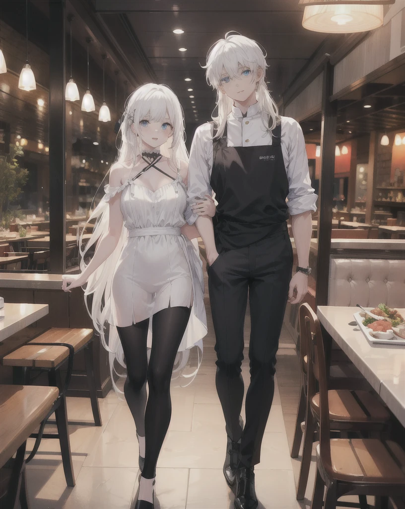 young boy,man,long hair,white hair,blue eyes,white dress,black pants,people,restaurant,realistic,4k,charming,very detailed,thin,