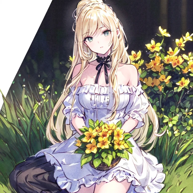 (best quality,ultra-detailed,photorealistic:1.37)alone,adult girl,A girl in a black and white dress,Long flowing blondes hair tied up,green eye,Off-shoulder,long hair,long eyelashes,sparkling dress texture,detailed lips,flowers in the background,soft lighting,stunning makeup,graceful pose,vivid colors