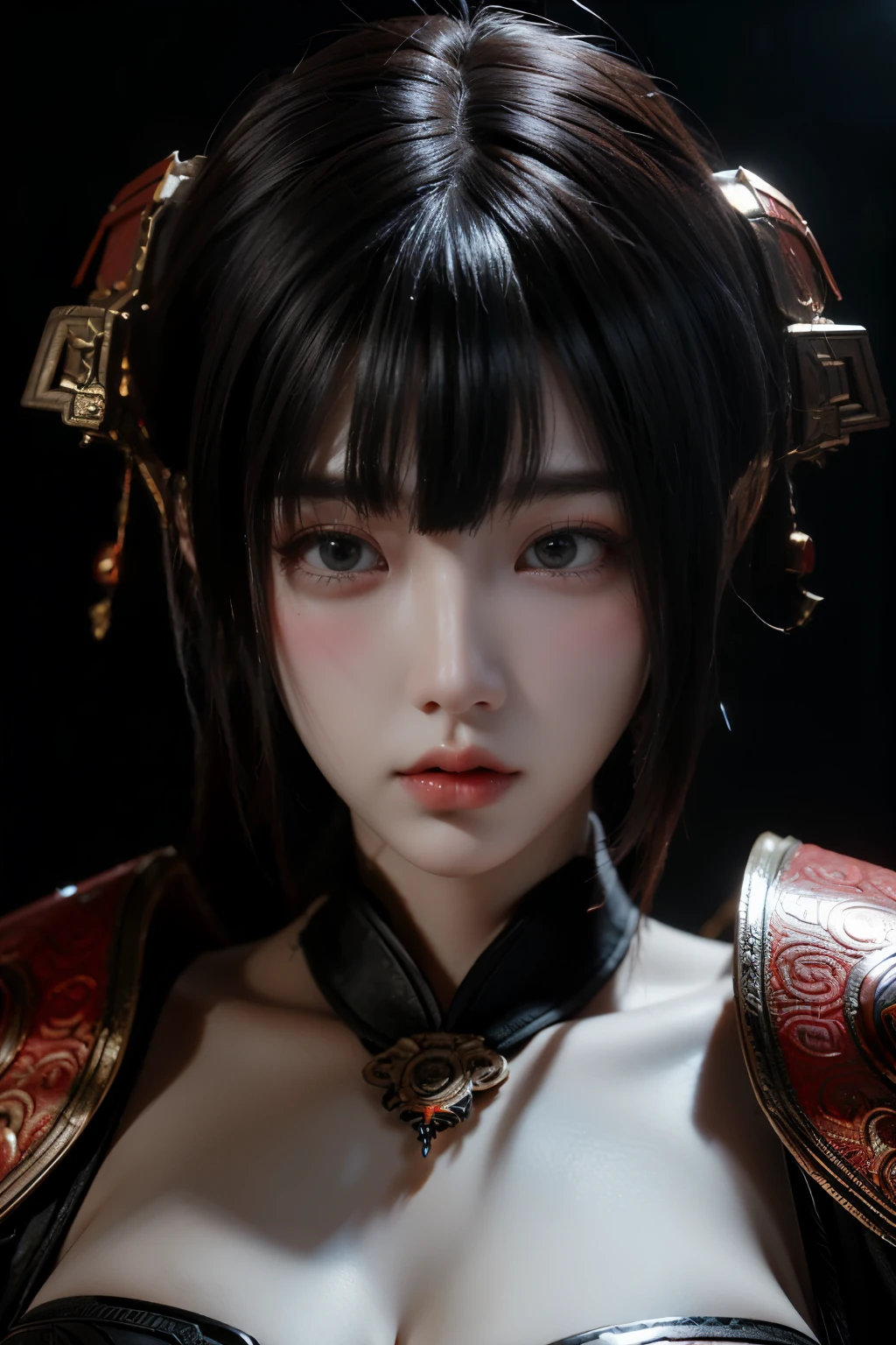 Masterpiece,Game art,The best picture quality,Highest resolution,8K,(Portrait),Unreal Engine 5 rendering works,(Digital Photography),
Girl,Beautiful pupil,(Gradual short hair is blue and red),Busty,(Big breasts),(Portrait photography:1.5),
(A chivalrous woman in Tang Dynasty),Casual hairstyle,Delicate faces,(Full breasts,Big breasts),Serious,Cool and elegant,(Wearing combat armor combined with the characteristics of ancient Chinese clothing,A complex pattern,Mysterious light,Hollow Armor),(Red and black),Ancient fantasy style characters
Movie lights，Ray tracing，Game CG，((3D Unreal Engine))，oc render reflection texture