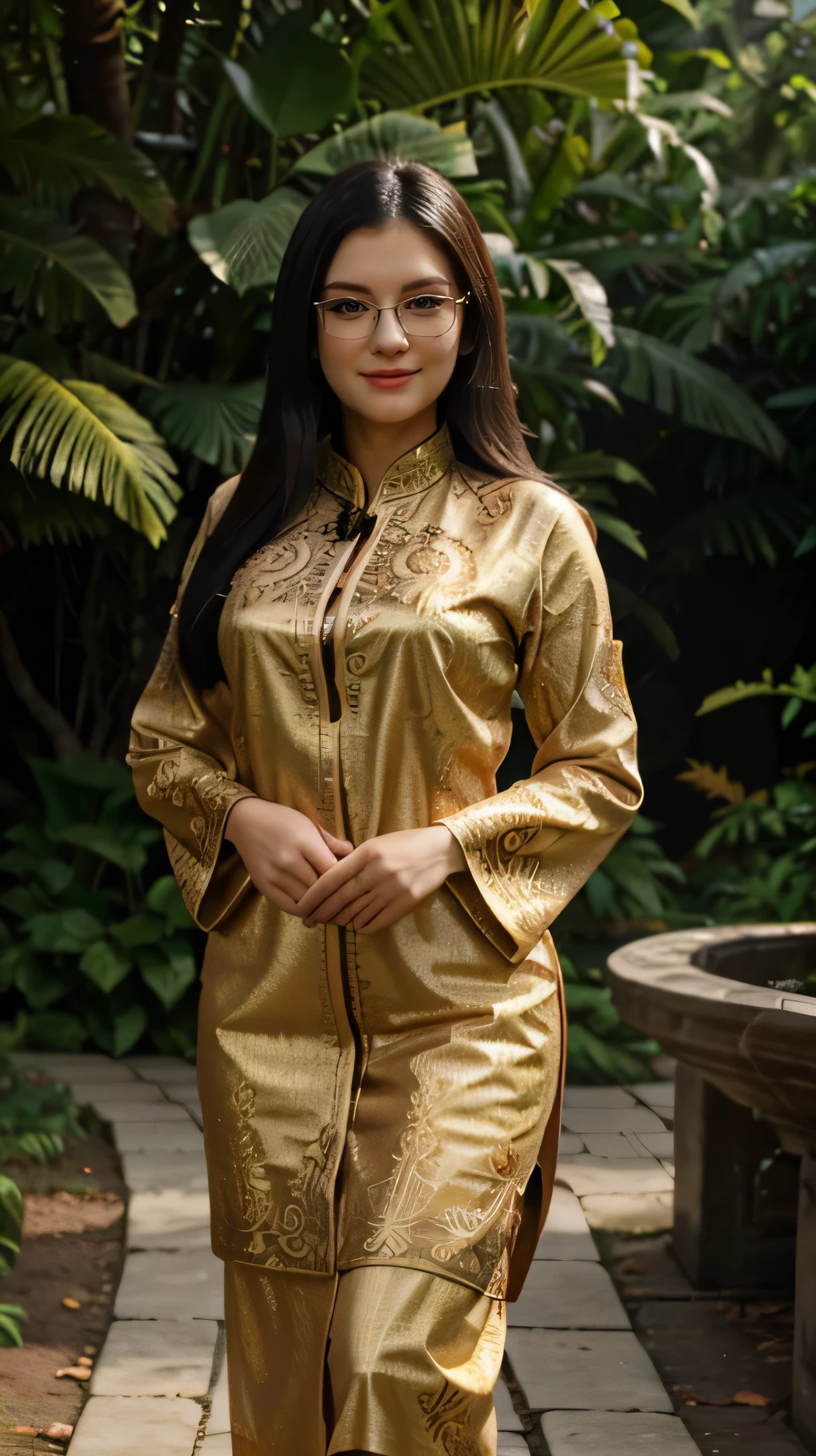 Masterpiece, full body, a beautiful woman with an Indonesian face wearing glasses, black long hair, smile, white skin, wearing brown kebaya with golden batik carvings, garden background. extra fill light, high bright, ultra detail, Ultra HD, 16K,