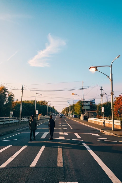 Road Signals、branch、People standing on the road、bright sky