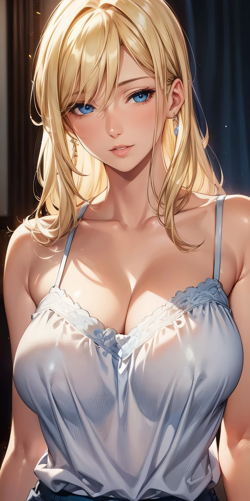 portrait, realistic, blue eyes, blonde hair, big breast, 4k resolution, high quality cg, beautiful cg, soft light, 