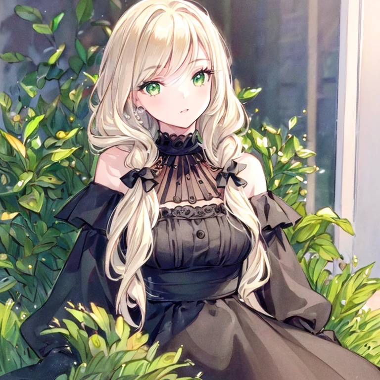 (best quality,ultra-detailed,photorealistic:1.37)alone,adult girl,A girl in a black and white dress,Long flowing blondes hair tied up,green eye,Off-shoulder,long hair,long eyelashes,sparkling dress texture,detailed lips,flowers in the background,soft lighting,stunning makeup,graceful pose,vivid colors