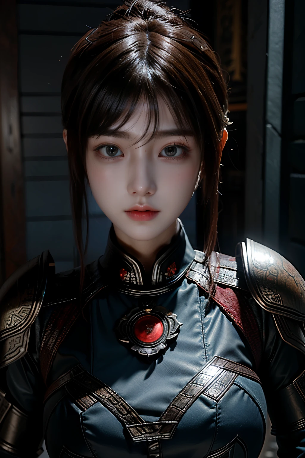 Masterpiece,Game art,The best picture quality,Highest resolution,8K,(Portrait),Unreal Engine 5 rendering works,(Digital Photography),
Girl,Beautiful pupil,(Gradual short hair is blue and red),Busty,(Big breasts),(Portrait photography:1.5),
(A chivalrous woman in Tang Dynasty),Casual hairstyle,Delicate faces,(Full breasts,Big breasts),Serious,Cool and elegant,(Wearing combat armor combined with the characteristics of ancient Chinese clothing,A complex pattern,Mysterious light,Hollow Armor),(Red and black),Ancient fantasy style characters
Movie lights，Ray tracing，Game CG，((3D Unreal Engine))，oc render reflection texture