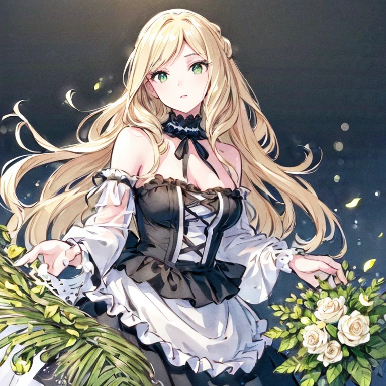 ((best quality)), ((masterpiece)), ((Romance Fantasy)), ((illustration)), (detailed), (clear), (Perfect), 1 woman, mature, beautiful, pure, Cool smile, Long blonde hair with bangs, white skin, Silver eyes, abundant eyelashes, pretty lips, D-cup breasts, small waist, Black turtleneck, black gloves, Swinging a sword straight ahead, Dynamic Effects, Visual effects of wind