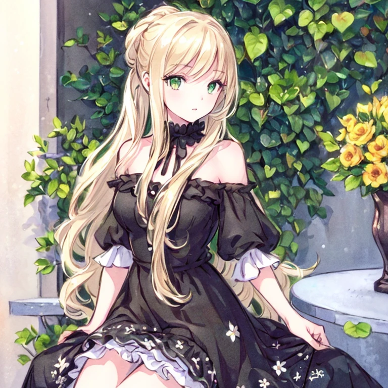 (best quality,ultra-detailed,photorealistic:1.37)alone,adult girl,A girl in a black and white dress,Long flowing blondes hair tied up,green eye,Off-shoulder,long hair,long eyelashes,sparkling dress texture,detailed lips,flowers in the background,soft lighting,stunning makeup,graceful pose,vivid colors
