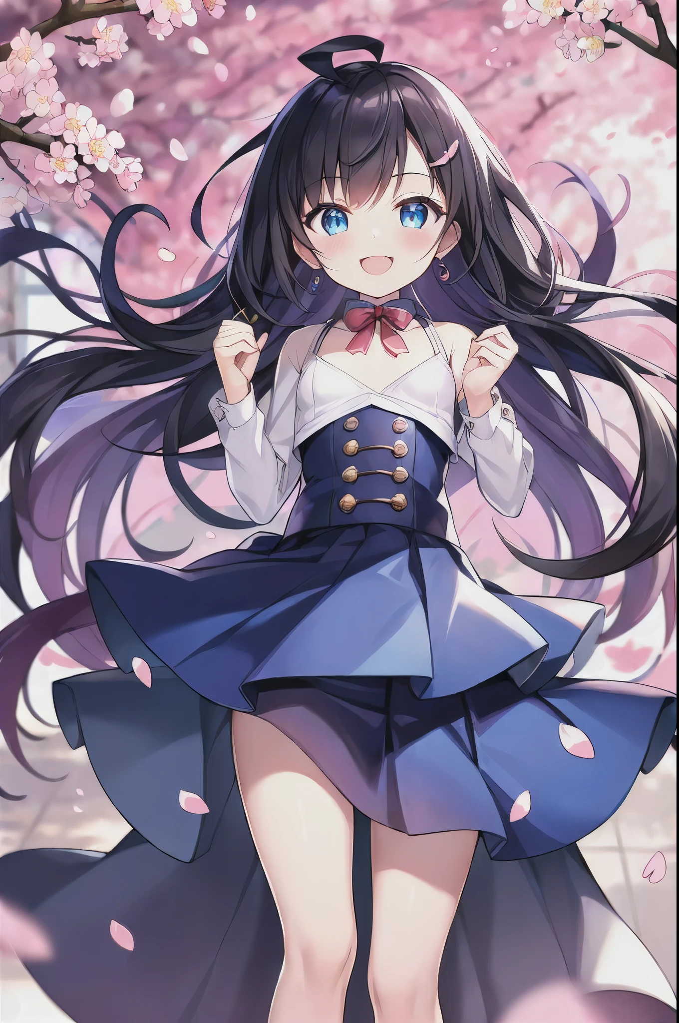 (masterpiece:1.5) (high quality:1.5), (beautiful:1.5), (((8K))), (High resolution:1.5), (High resolution:1.5), (1 girl:1.3), (child:1.5), (change:1.4), (Dark blue straight long hair:1.3), (very long dark blue sideburns), (dark blue bangs with very large parting:1.3), (Simple hair clip:1.4), (Ahoge:1.4), (small blue eyes:1.2), (slightly droopy eyes:1.3), (Super thick sideburns and super long sideburns:1.1), (Ultra-flat chest:1.4), (extremely small breasts:1.4), (laughter:1.3), (A-line skirt:1.4), (under the cherry tree:1.4), (cherry blossom petals dancing in the wind:1.6), (garden:1.4)