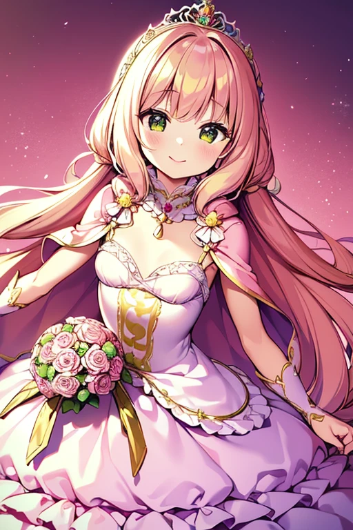 (kawaii),(best quality,4k,highres),upper body,(rococo style),(long train pink cape),(long train white ball gown with flowers),(detailed fabric),a girl wearing a cape over her dress,1 little princess, tiara, smile, very long hair,(small delicate breasts), green garden background, vibrant colors, soft lighting