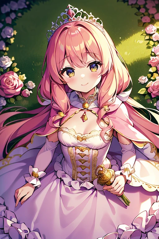 (kawaii),(best quality,4k,highres),upper body,(rococo style),(long train pink cape),(long train white ball gown with flowers),(detailed fabric),a girl wearing a cape over her dress,1  princess, tiara, smile, very long hair,(small delicate breasts), green garden background, vibrant colors, soft lighting