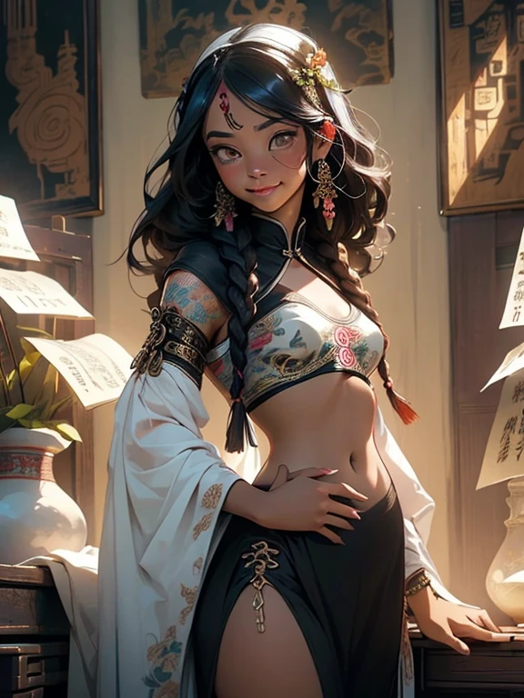(illustration:1.3)Teddy bear with girl smiling, long, long black hair in 4 braids, braided black hair, painted with multicolored inks, Punk style, Innocent, bear ears, Radiant, Delicate, high-level image quality,Honey is dripping, ((small breasts, flat stomach, baby face)), (intense colors), 64k, award winning illustration, realistic light, ultra-detailed, high quality concept art, trending art on Artstation, Chinese ink painting, inspired by Daiqing Tana and Haya, inspired by SaDingDing, inspired by Otyken, inspired by Cave of 1,000 Buddhas and Taoist mythology, inspired by Alphonse Mucha style with art nouveau elements.