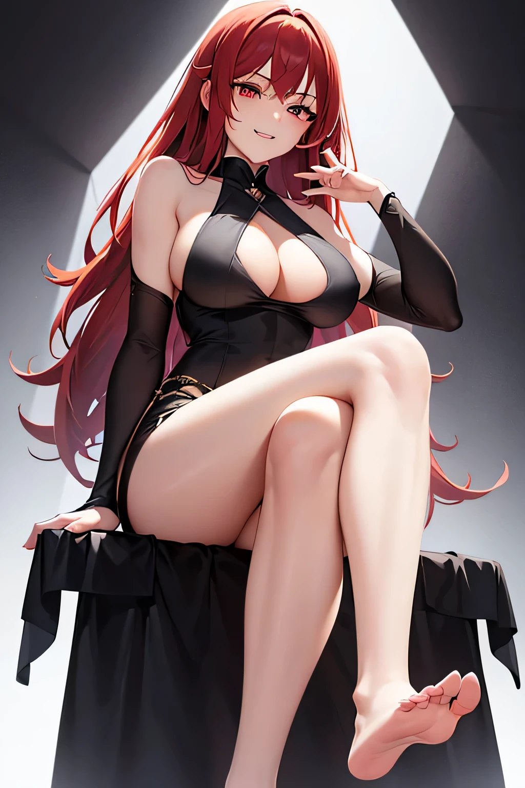 {{{masterpiece}}}, {{{best quality}}}, {{ultra-detailed}}, Caucasian woman,red eyes,long hair, red hair, average height and weight, break slender build,nsfw,beautiful face,evil smile, large breasts,well-groomed, high-end designer labels, black dress,shorts,long legs, (full body:1.5), (from below:1.5), looking down at viewer,photorealistic, (presenting foot, soles, close-up foot:1.3), white background,extremely confident,(crossed legs:1.7),mostrar los pies, planta del pie, dynamic angle, the most beautiful form of chaos, (vivid colours),black high heels,footjob