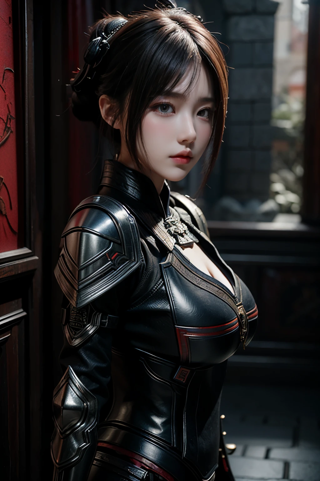 Masterpiece,Game art,The best picture quality,Highest resolution,8K,(Portrait),Unreal Engine 5 rendering works,(Digital Photography),
Girl,Beautiful pupil,(Gradual short hair is blue and red),Busty,(Big breasts),(Portrait photography:1.5),
(A chivalrous woman in Tang Dynasty),Casual hairstyle,Delicate faces,(Full breasts,Big breasts),Serious,Cool and elegant,(Wearing combat armor combined with the characteristics of ancient Chinese clothing,A complex pattern,Mysterious light,Hollow Armor),(Red and black),Ancient fantasy style characters
Movie lights，Ray tracing，Game CG，((3D Unreal Engine))，oc render reflection texture