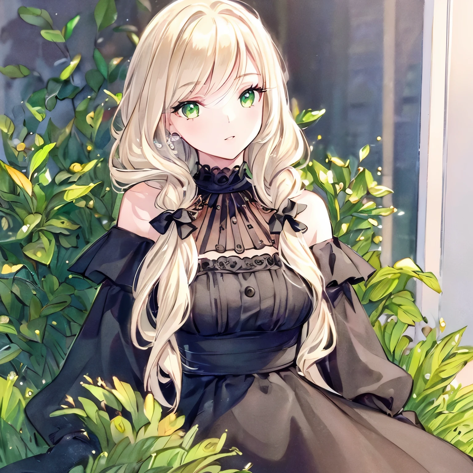(best quality,ultra-detailed,photorealistic:1.37)alone,adult girl,A girl in a black and white dress,Long flowing blondes hair tied up,green eye,Off-shoulder,long hair,long eyelashes,sparkling dress texture,detailed lips,flowers in the background,soft lighting,stunning makeup,graceful pose,vivid colors